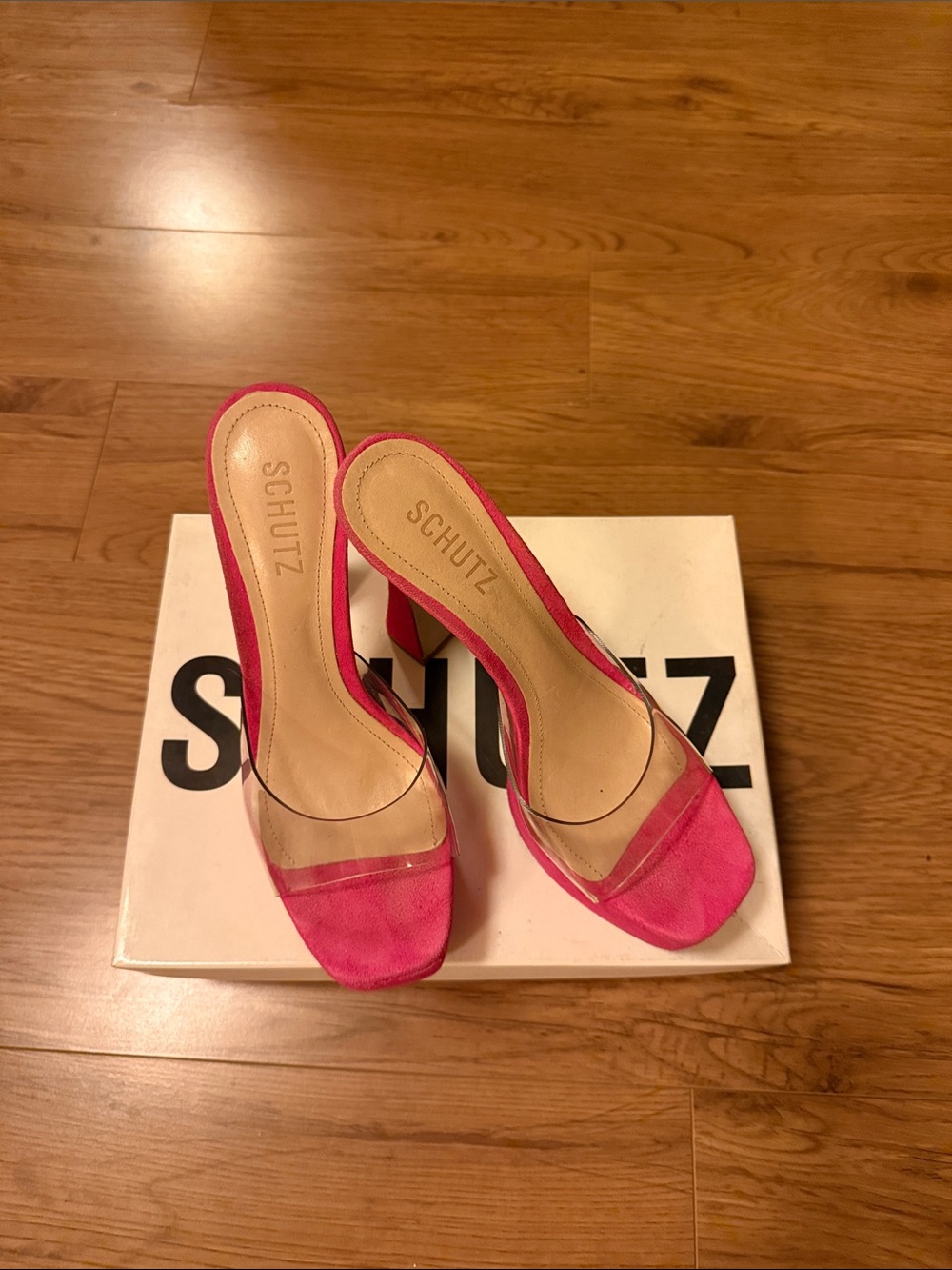SCHUTZ Hot Pink Suede Slide Sandals with Clear Strap